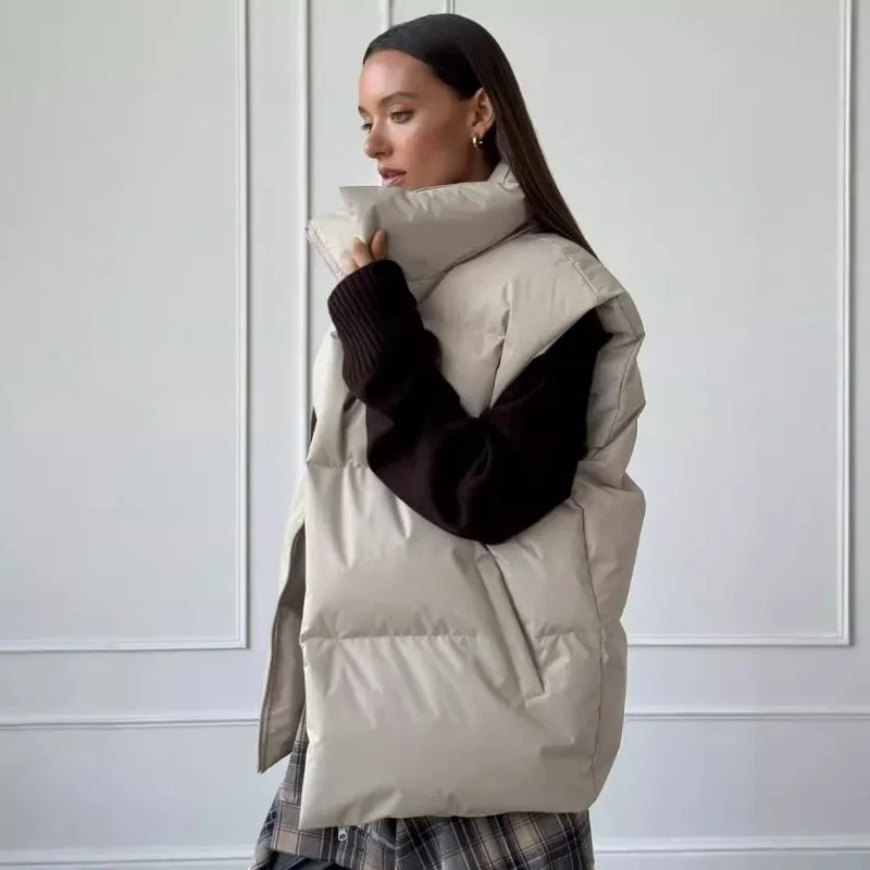 Gilet piumino da donna senza maniche, imbottito, con collo alto, grigio