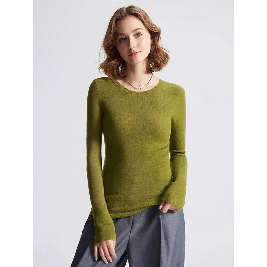Jersey fino ajustado para mujer con cuello redondo, mangas largas, canalé y color liso