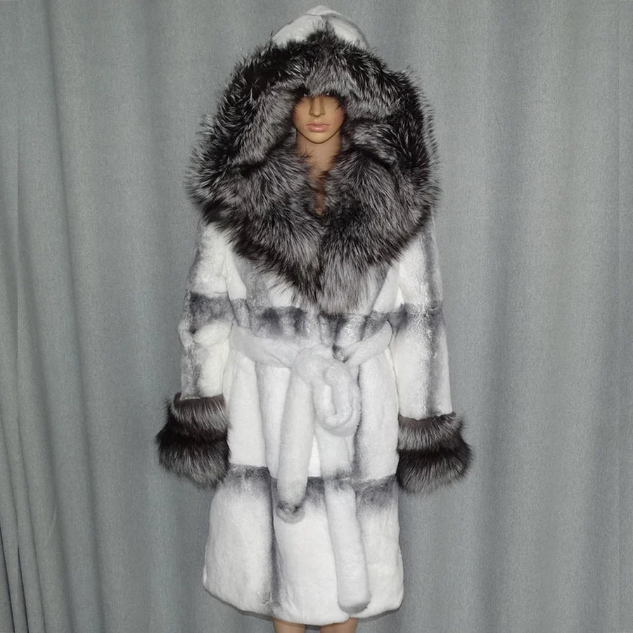 Manteau à capuche en fausse fourrure bicolore style luxe pour femme
