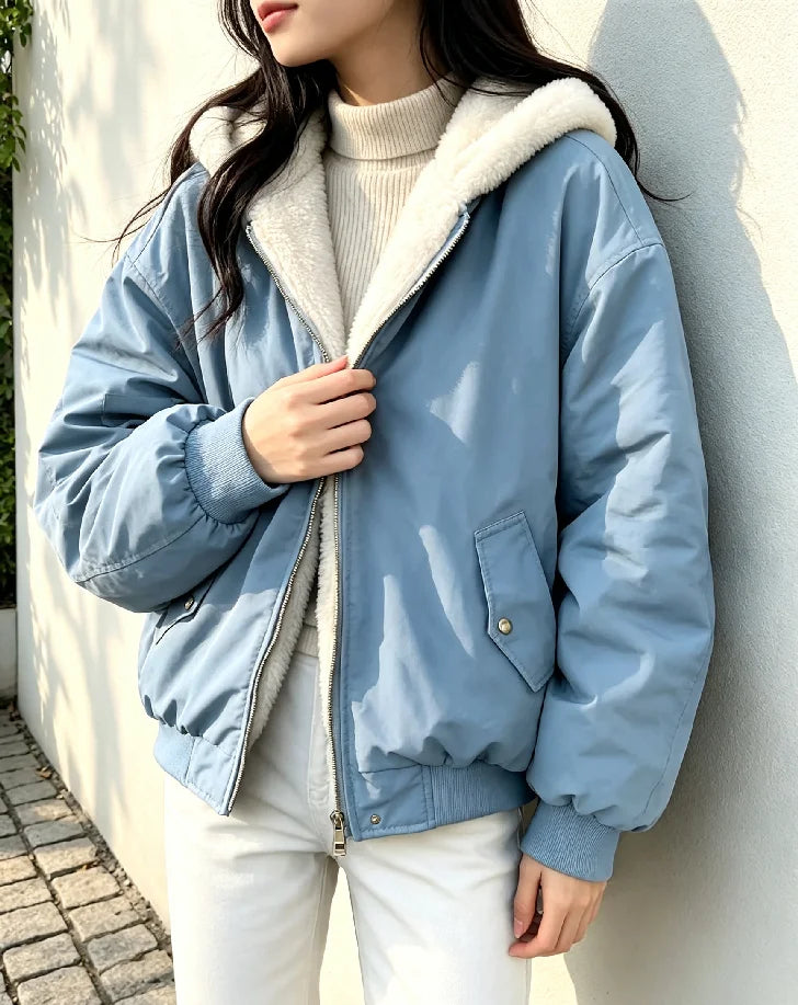Veste bomber femme réversible à capuche en polaire doux et tissu uni
