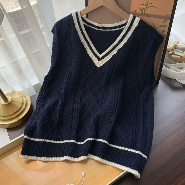 Gilet da donna senza maniche in maglia con scollo a V e motivi a trecce, stile preppy