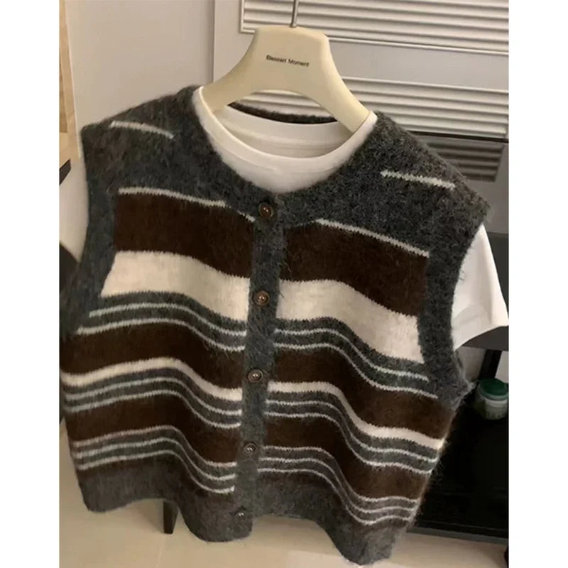 Gilet sans manches Femme rayé Col Rond Boutonné Gris Marron Blanc