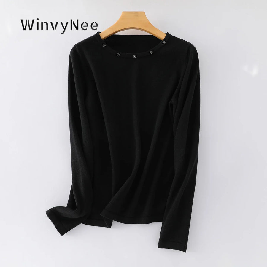 Women's fine-knit long-sleeve crew-neck top with metallic details