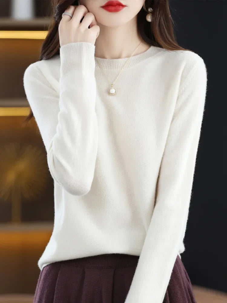 Pull col rond basique femme manches longues uni