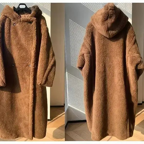 Cappotto lungo con cappuccio in morbido tessuto effetto peluche marrone