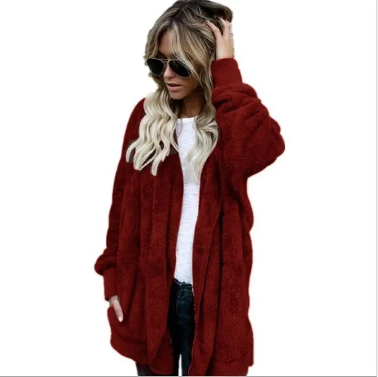 Gilet long femme doux à capuche uni avec poches
