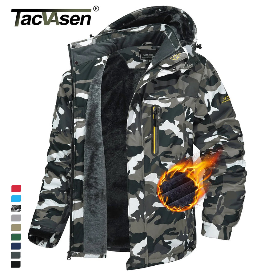 Warme Herren-Outdoorjacke mit Kapuze und Fleecefutter, Camouflage oder einfarbig, für den Winter