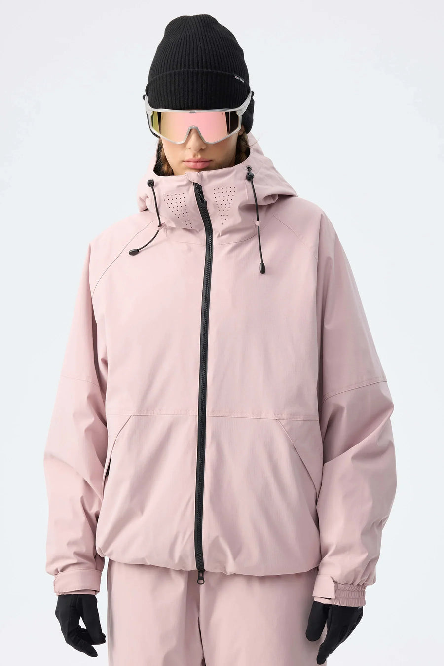 Veste de ski rose pâle imperméable à capuche réglable pour femme