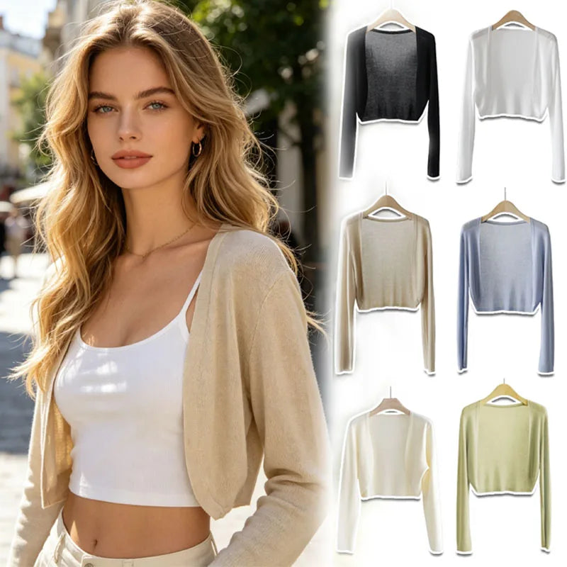 Kurzer Damen-Bolero mit langen Ärmeln, leicht, unifarben und offen