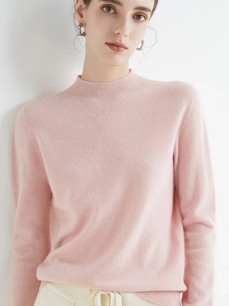 Jersey de punto suave para mujer con cuello alto de canalé y mangas largas