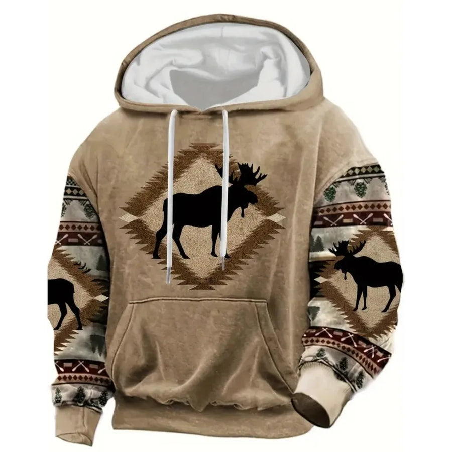 Sweat à Capuche Homme Motif Crâne de Taureau Tribal Vert Kaki