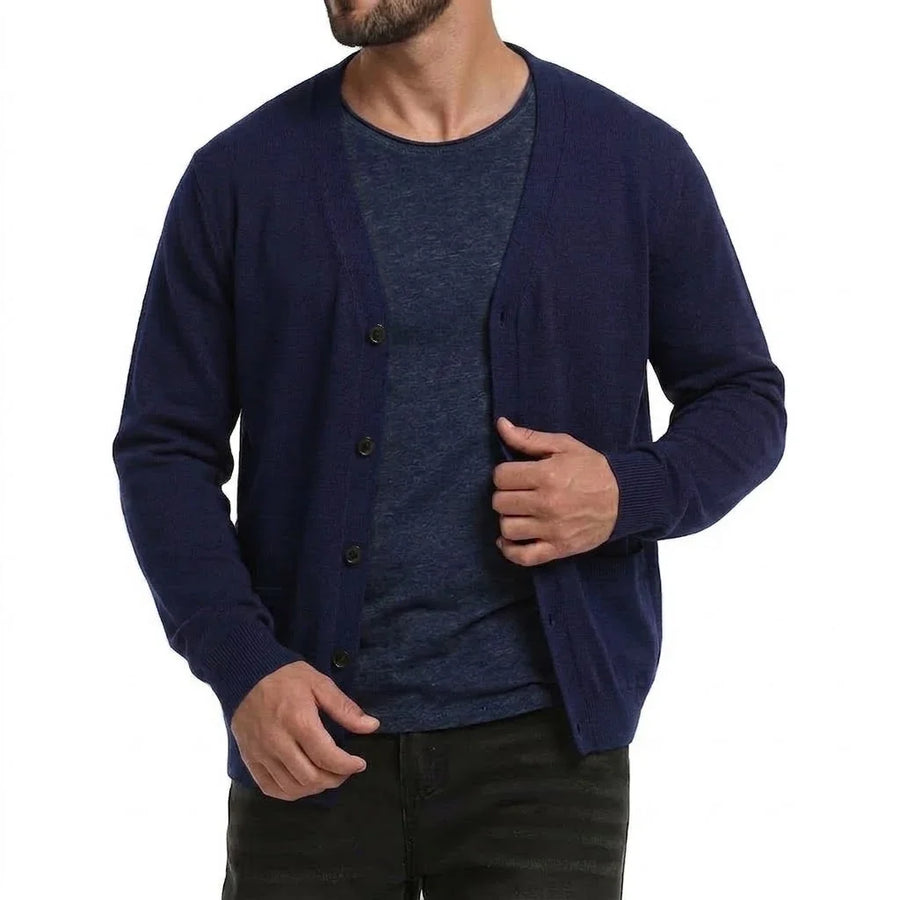 Cardigan da uomo con scollo a V, bottoni, lavorazione a maglia tinta unita, maniche lunghe e tasche
