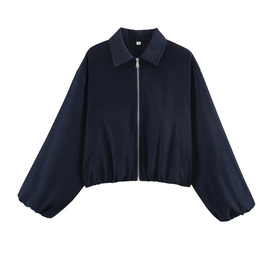 Women's Plain Short Women's Jacket with Zipper and Classic Collar