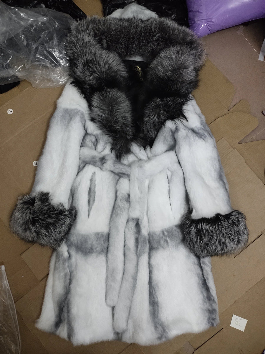Manteau à capuche en fausse fourrure bicolore style luxe pour femme