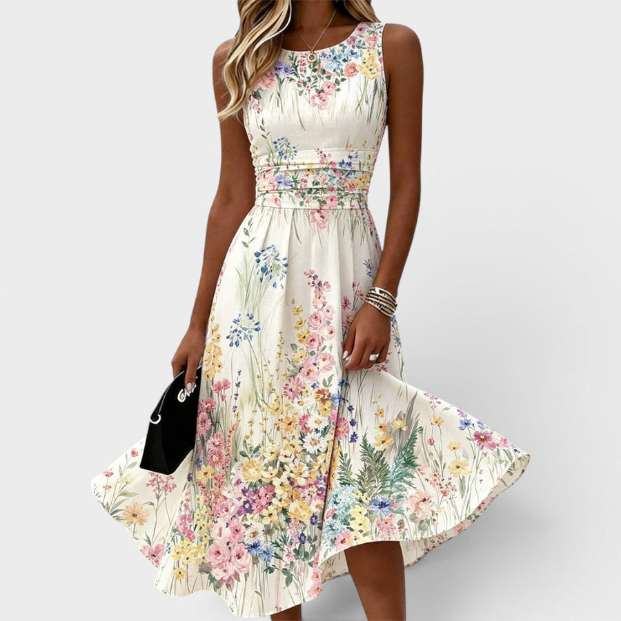 Vestido de mujer sin mangas con estampado floral multicolor, largo midi y cintura fruncida