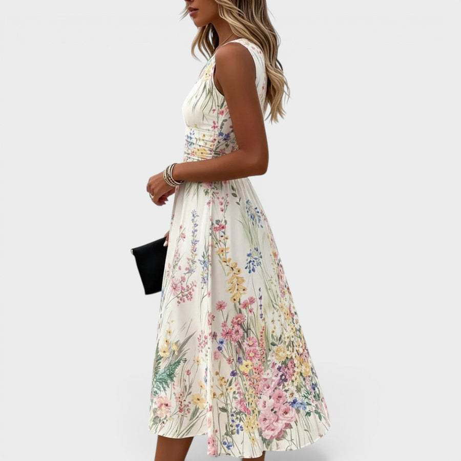 Vestido de mujer sin mangas con estampado floral multicolor, largo midi y cintura fruncida
