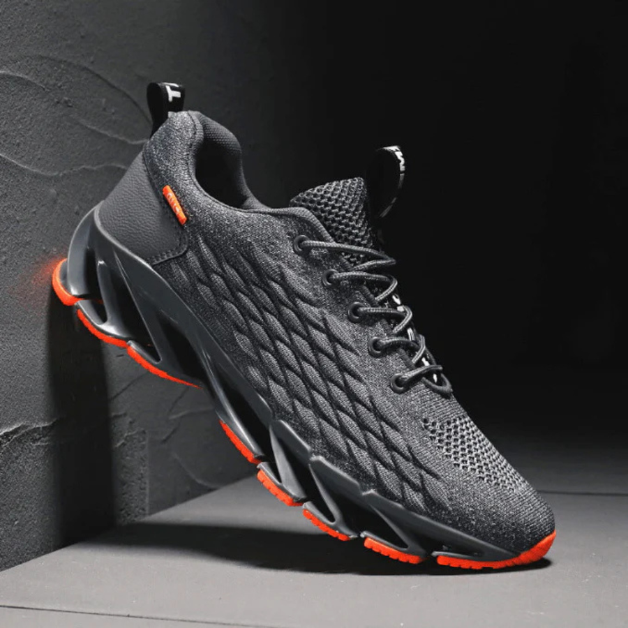 Sportsneakers voor heren, ademend mesh, grijze en oranje getextureerde zool