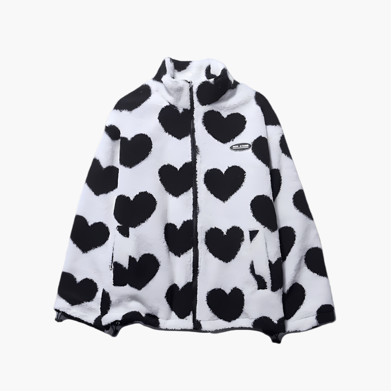 Chaqueta polar reversible con capucha y corazón para mujer - Estilo casual versátil
