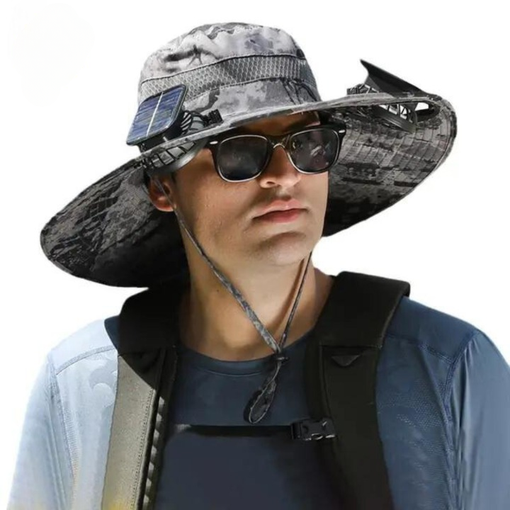 Chapeau de soleil large bord avec ventilateurs solaires intégrés