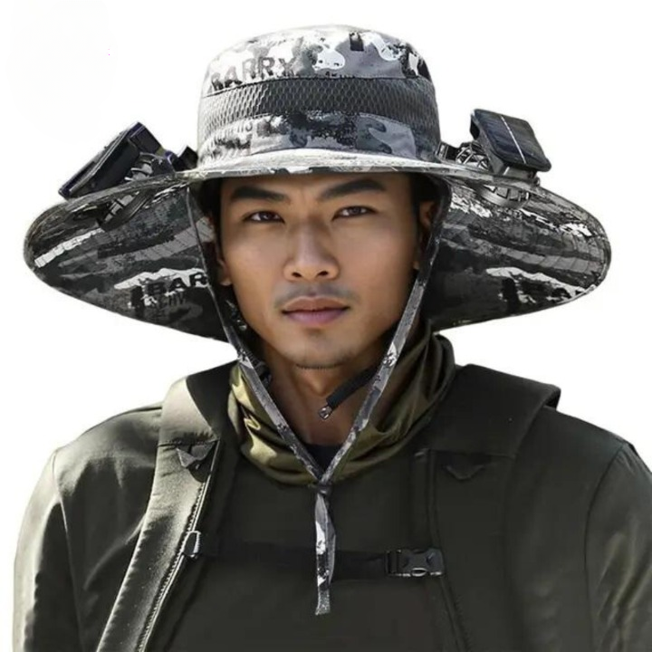 Chapeau de soleil large bord avec ventilateurs solaires intégrés