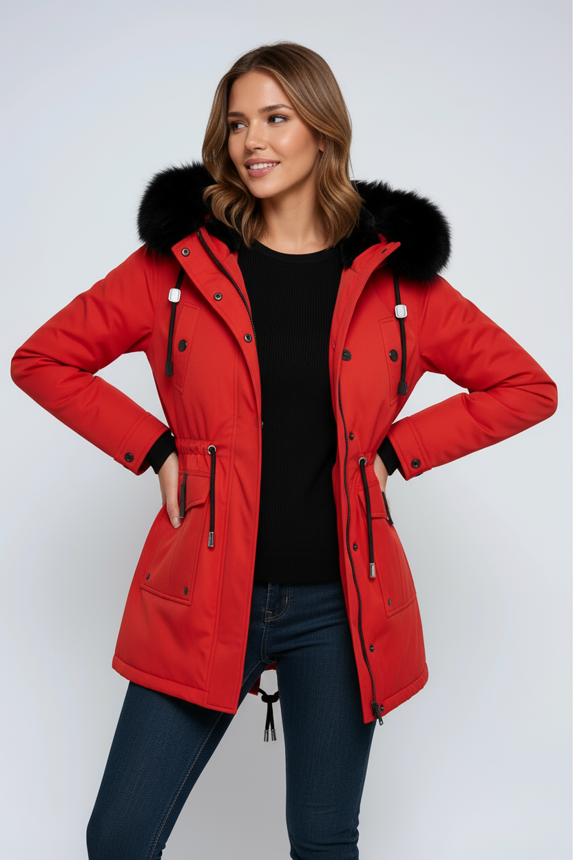 Parka de mujer con capucha y ribete de pelo sintético negro extraíble - Varios colores