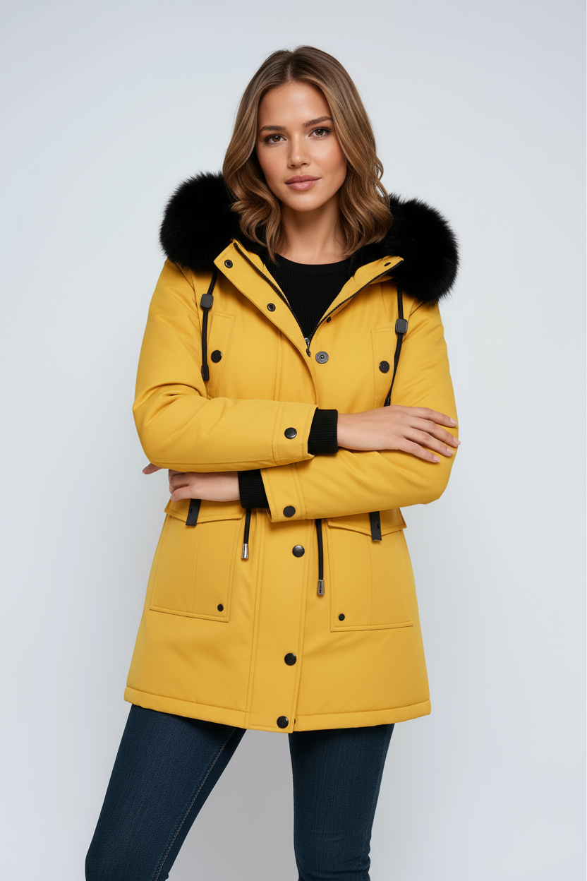 Parka de mujer con capucha y ribete de pelo sintético negro extraíble - Varios colores