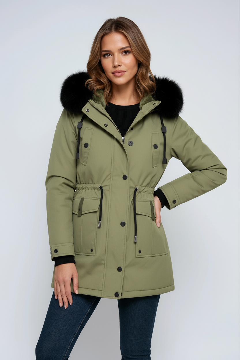 Parka de mujer con capucha y ribete de pelo sintético negro extraíble - Varios colores