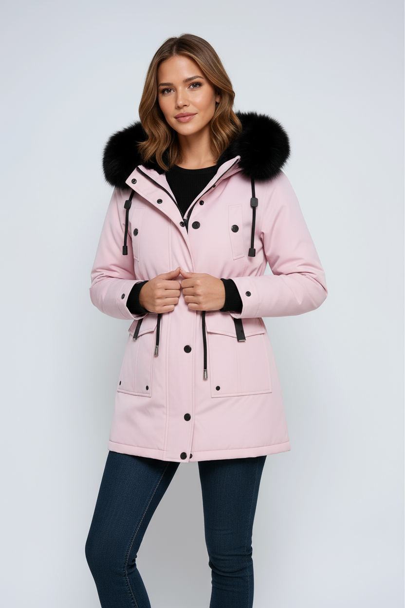 Parka de mujer con capucha y ribete de pelo sintético negro extraíble - Varios colores