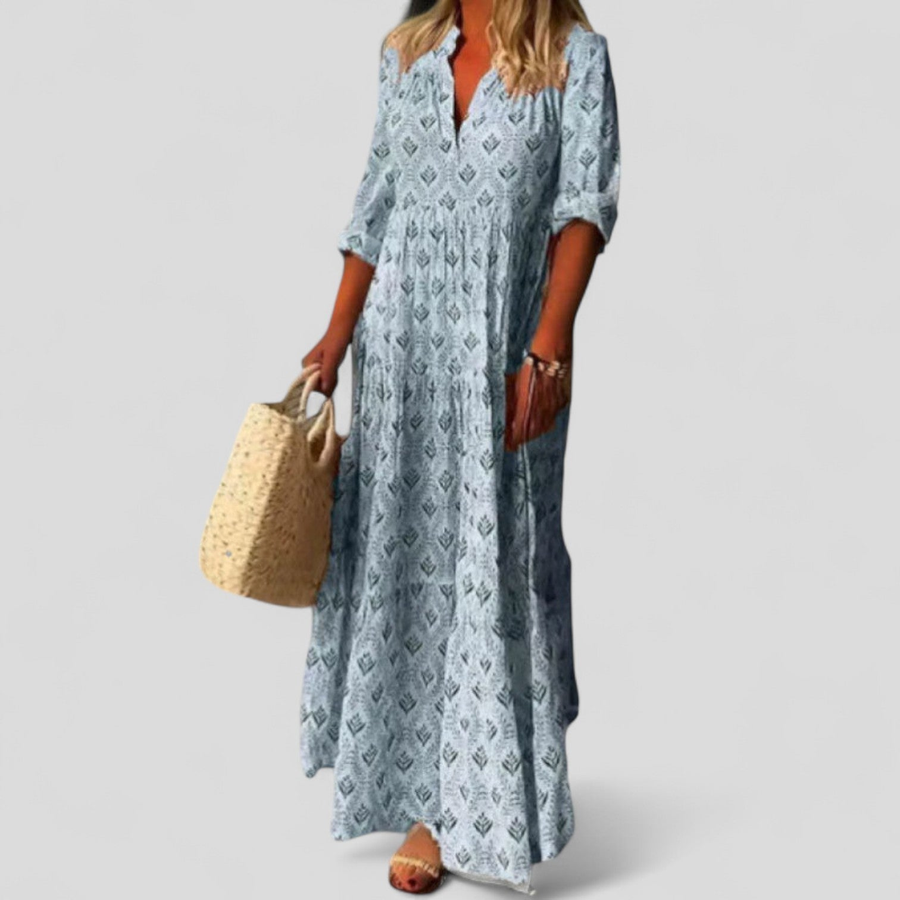 Langes Damenkleid mit Blumenmuster, V-Ausschnitt und 3/4-Ärmeln