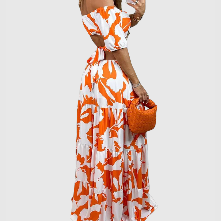 Vestido largo para mujer con hombros descubiertos, estampado floral y aberturas laterales