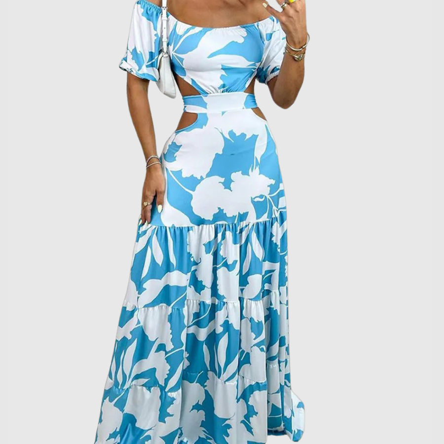 Vestido largo para mujer con hombros descubiertos, estampado floral y aberturas laterales
