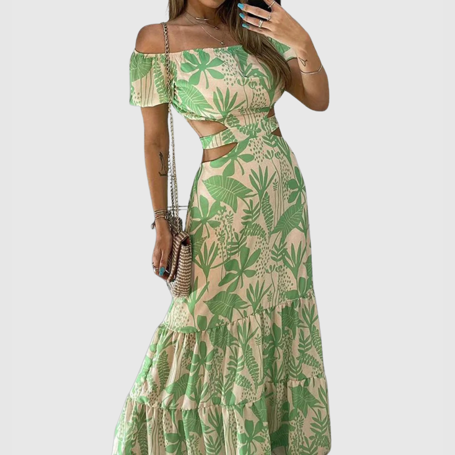 Vestido largo para mujer con hombros descubiertos, estampado floral y aberturas laterales