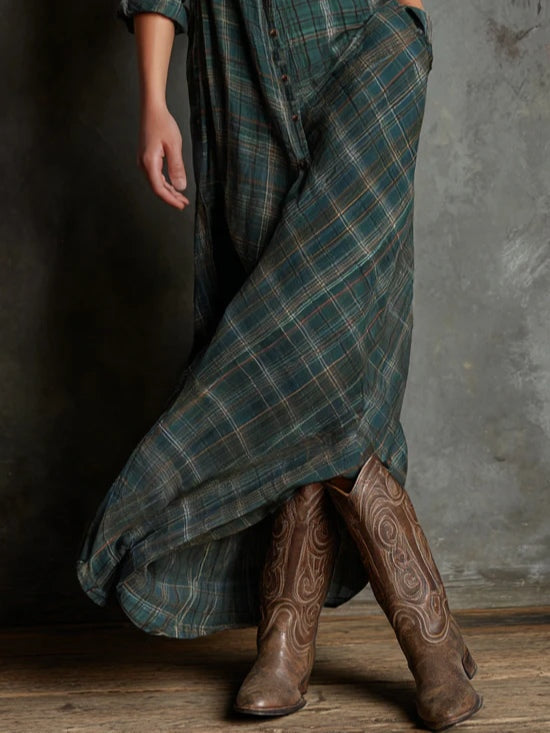 Vestido camisero largo de cuadros verdes para mujer