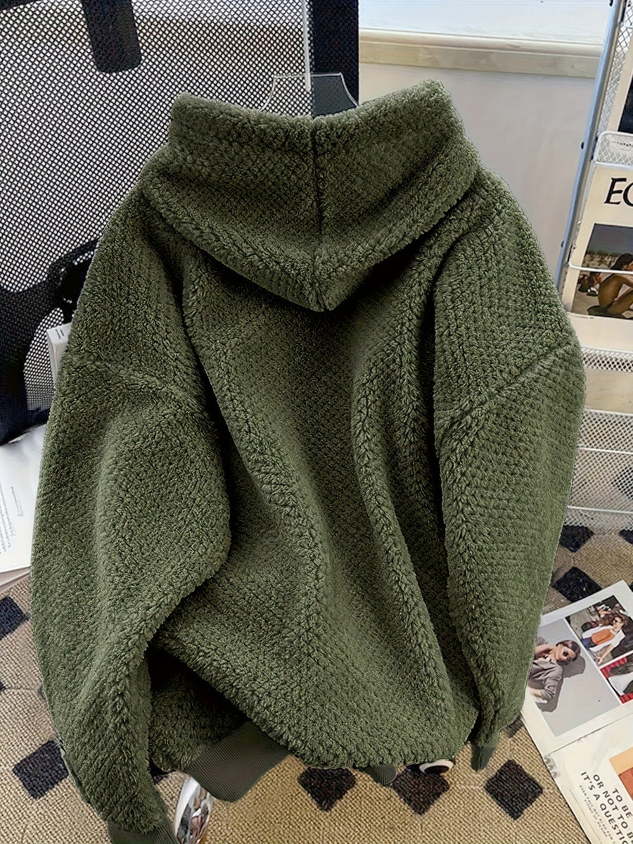 Sweat à Capuche Doux Effet Peluche Vert Militaire avec Cordon Contrastant