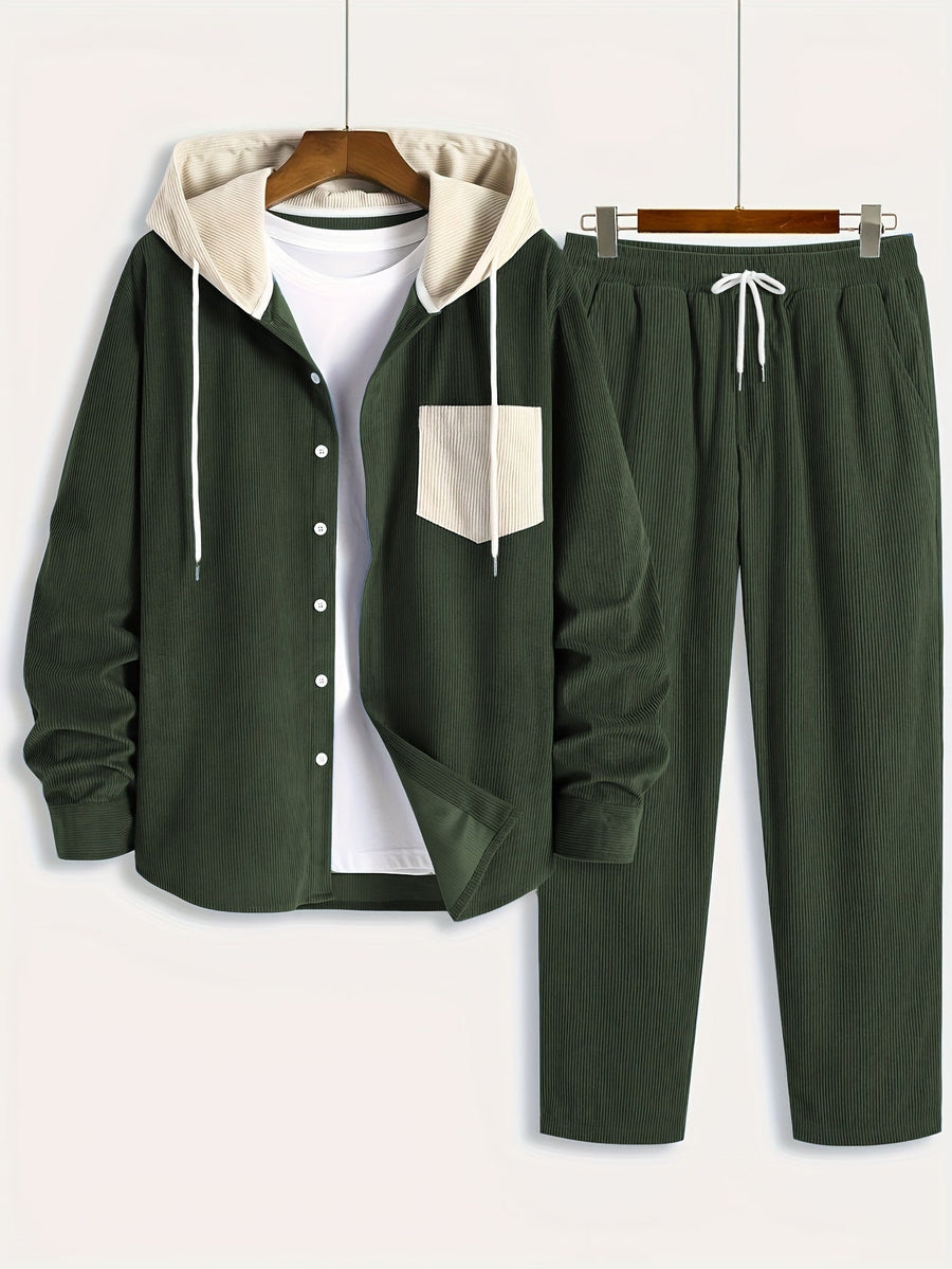 Ensemble Homme Côtelé Chemise à Capuche et Pantalon Couleur Unie