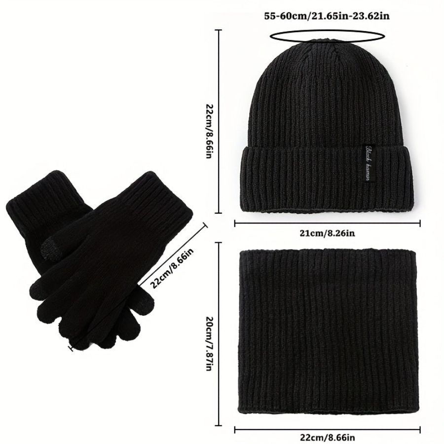 Ensemble Bonnet Écharpe Tour de Cou et Gants Unisexe Tricot Doublé Polaire Hiver
