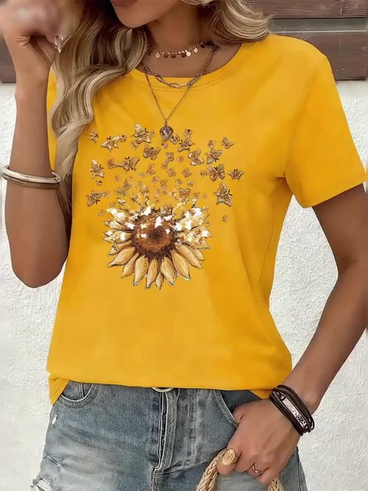 T-shirt femme style casual motif tournesol et papillons, imprimé tendance pour le printemps-été