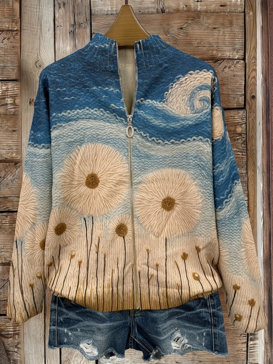 Women's Zip Jacket with Stand-Up Collar, Floral Pattern, and Textured Blue and Beige Sky