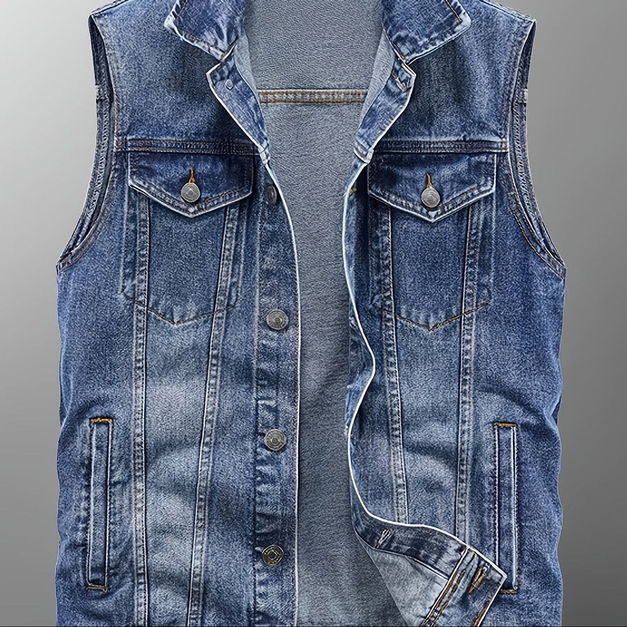 Gilet en Jean sans Manches pour Homme, Boutons Métalliques, Poches Poitrine et Latérales