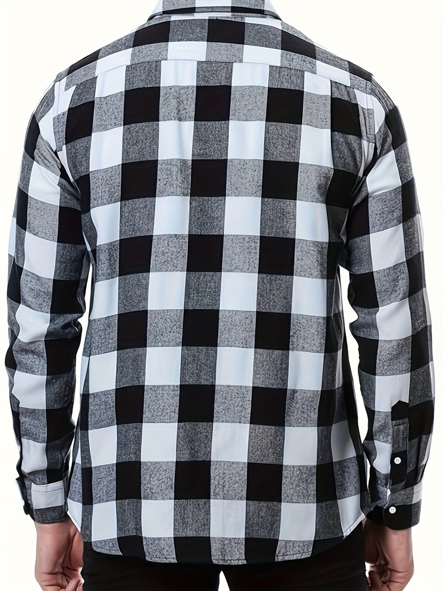 Men's Plaid Long-Sleeve Shirt with Classic Collar and Chest Pockets