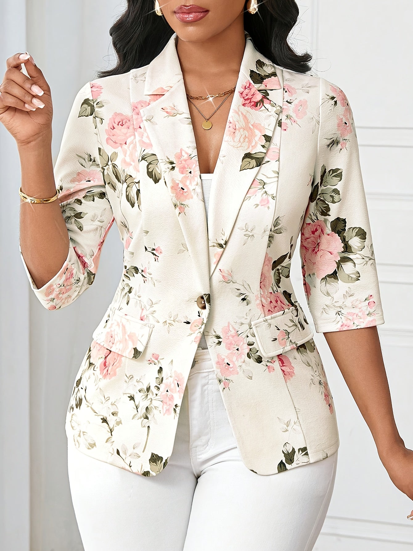 Blazer Femme Élégant à Imprimé Floral, Style Printemps Automne, Manches Trois-Quarts, Idéal pour Bureau et Sorties