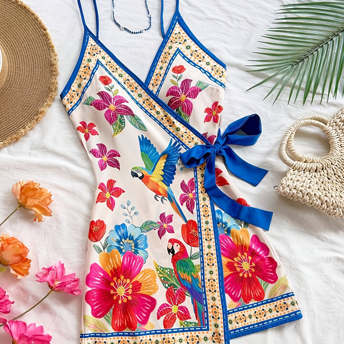 Abito portefeuille tropicale donna stile vacanze con stampa floreale e pappagallo