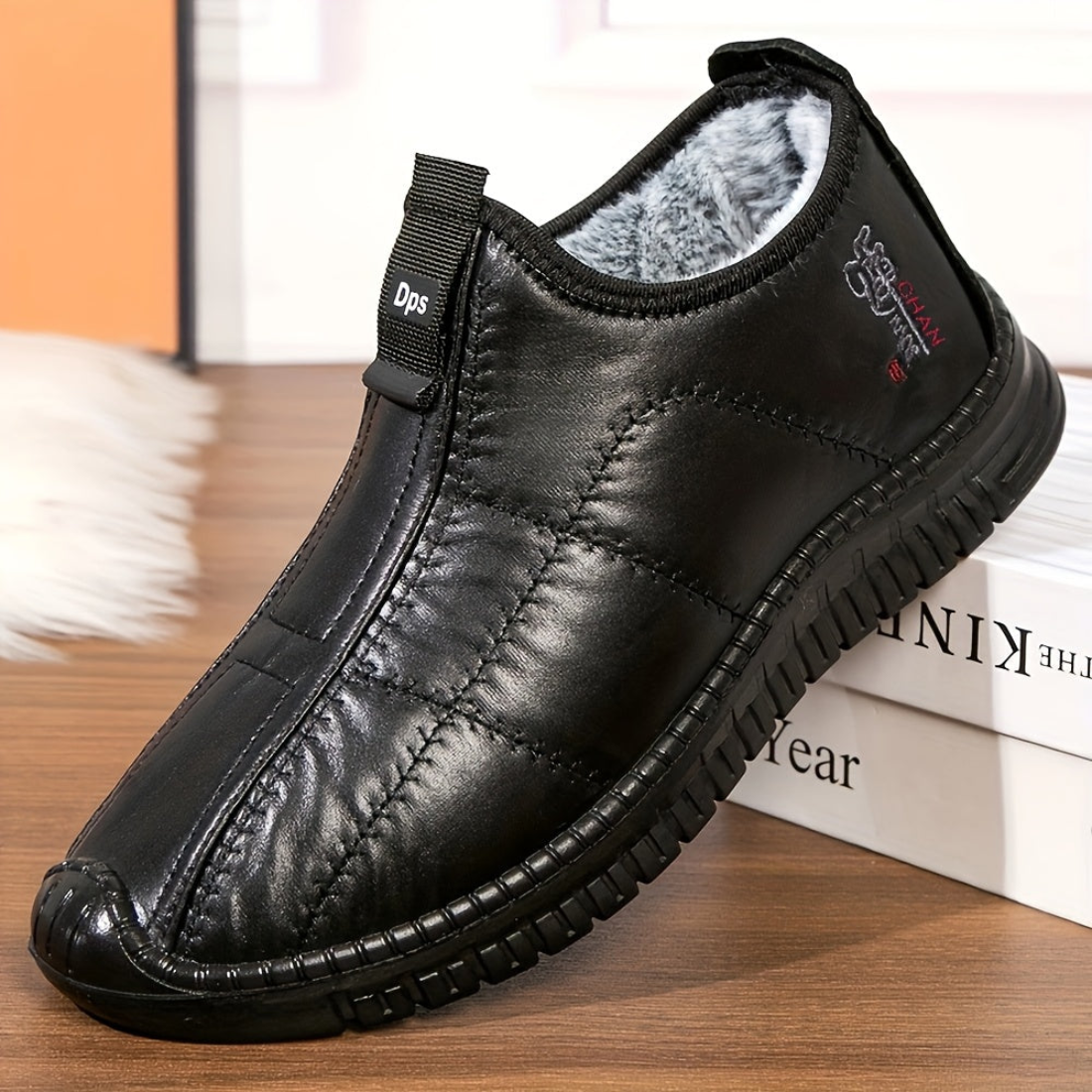 Chaussons Homme Doublés Chaussures Simples à Enfiler Hiver Noir