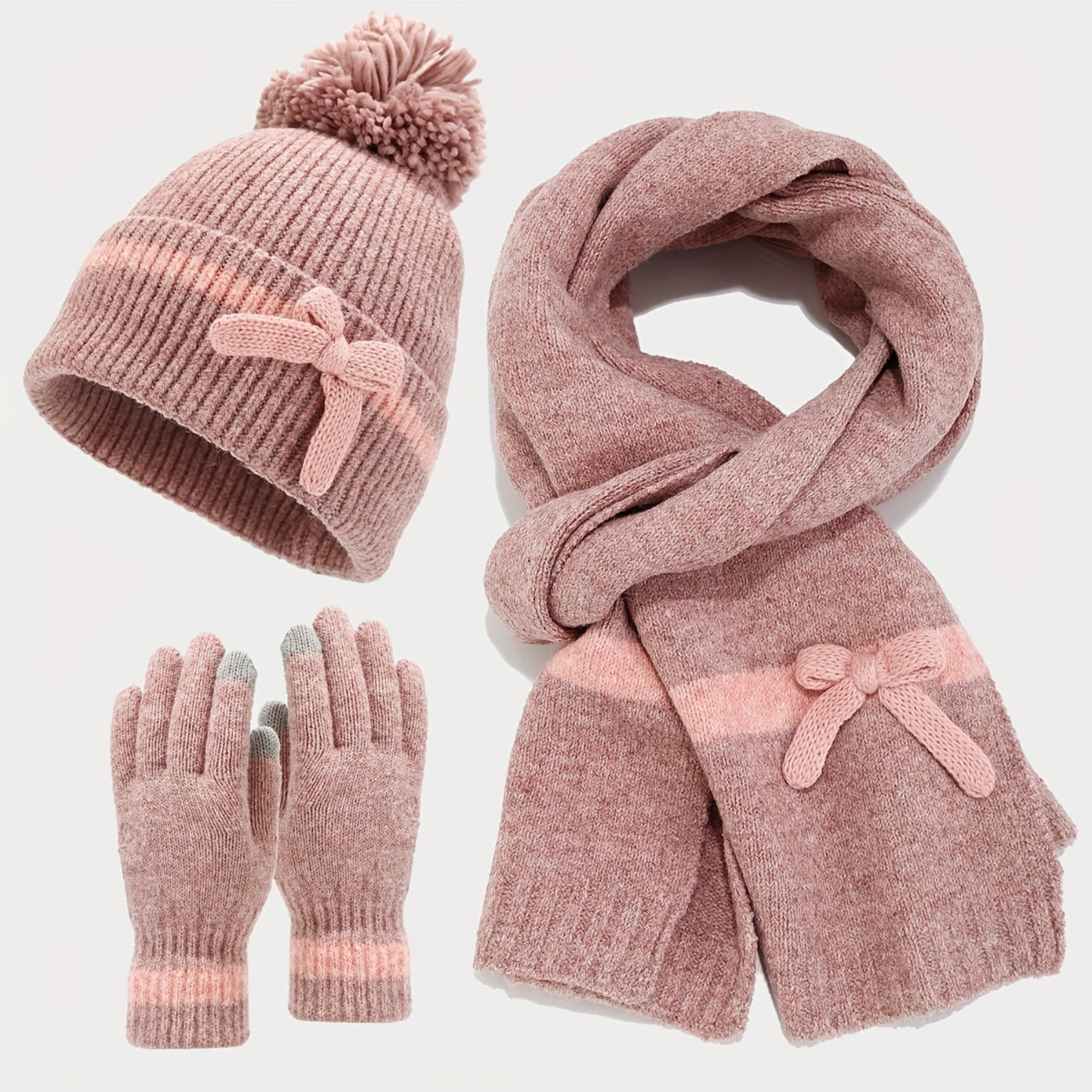 Ensemble Bonnet Écharpe Gants Tricoté Hiver avec Nœud Décoratif et Pompon pour Femme