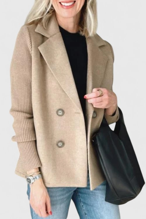 Women's straight-cut two-tone jacket with notched collar and knitted sleeves