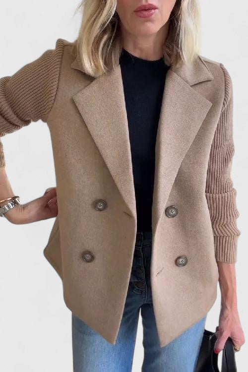 Women's straight-cut two-tone jacket with notched collar and knitted sleeves