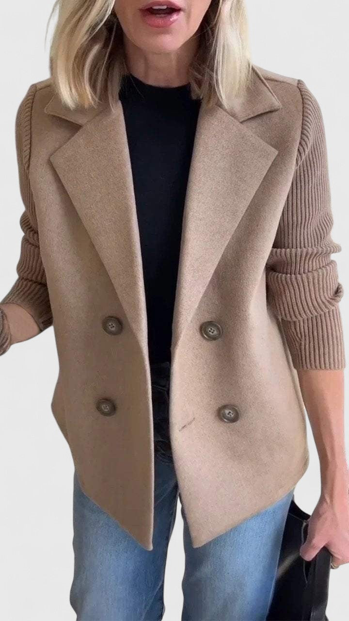 Women's straight-cut two-tone jacket with notched collar and knitted sleeves