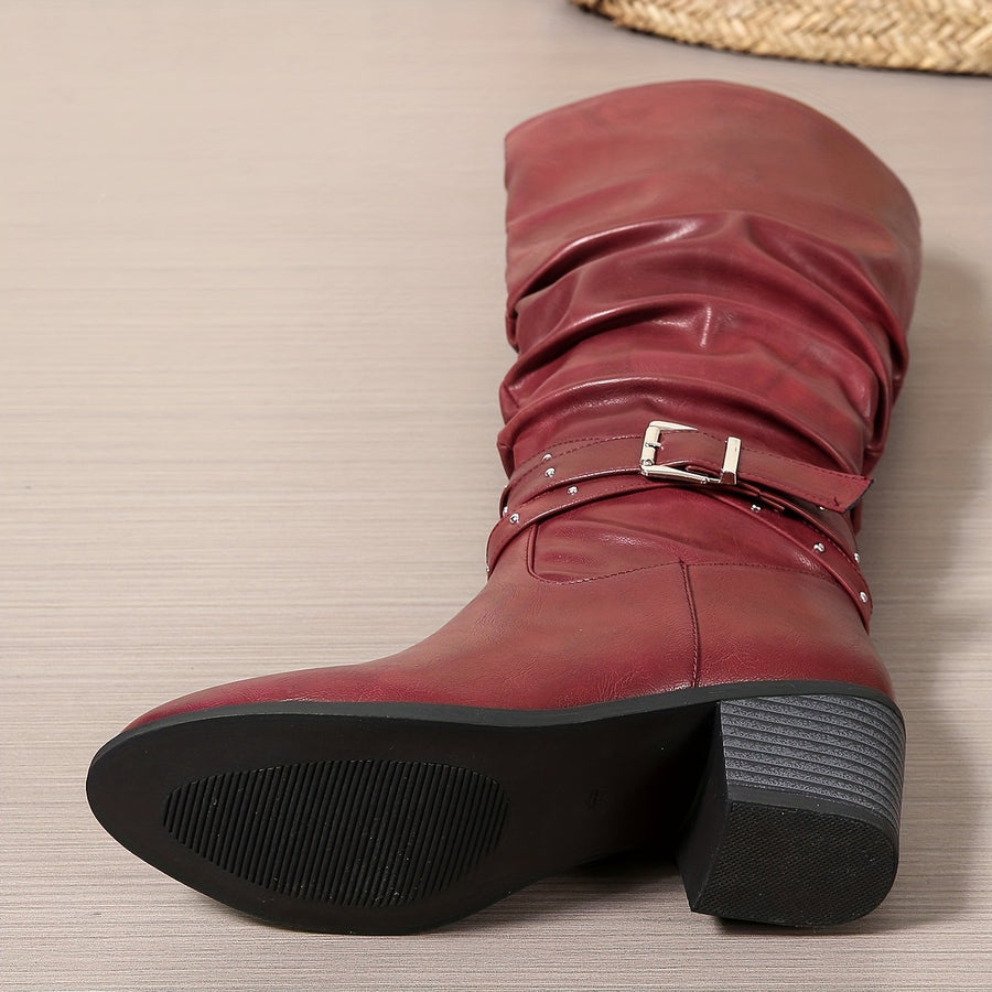 Hoge zwarte dameslaarzen met plooien, gespen en studs