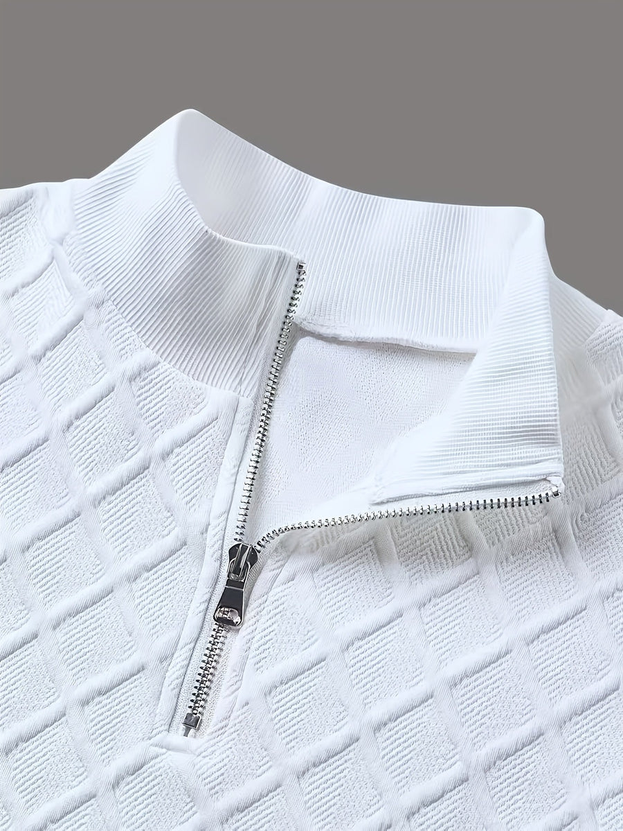 White textured men's sweater with a zip-up stand collar
