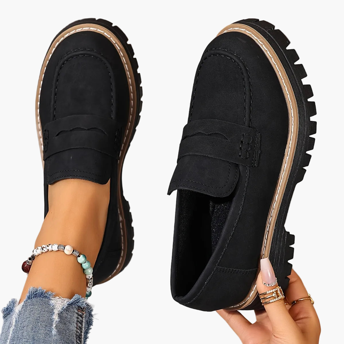 Afslappede damesko i penny loafer-stil med tyk sål